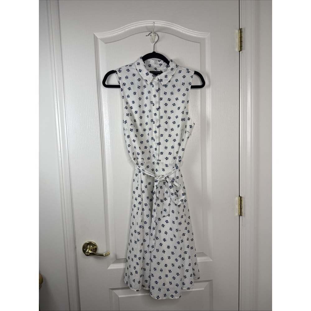 Banana Republic Womens 6 Ivory Navy Floral Sleeveless Midi Dress Collared Tie